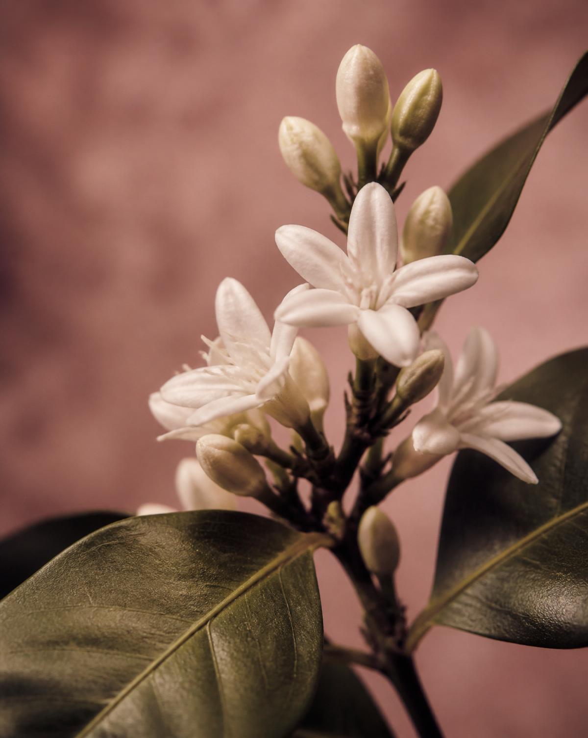 Coffee plant bud in bloom against dusty rose backdrop